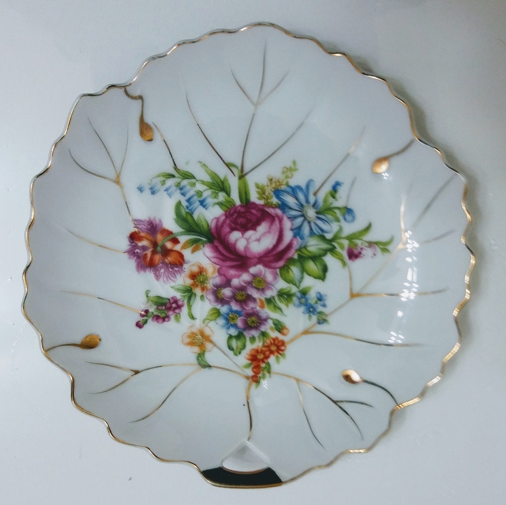 Vintage Nasco Pink Rose Floral Gold Leaf Shaped Trinket Dish